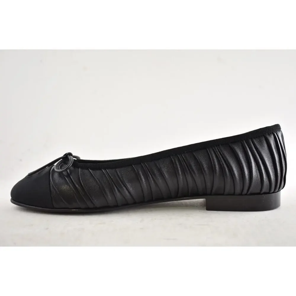 Chanel 26A Black Pleated Lambskin Leather CC Logo Bow Ballet Ballerina Flat 38.5